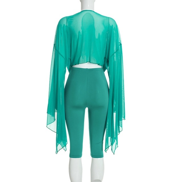 Sheer Mesh Deep-V Cowl-neck Asymmetrical Top Capris Set