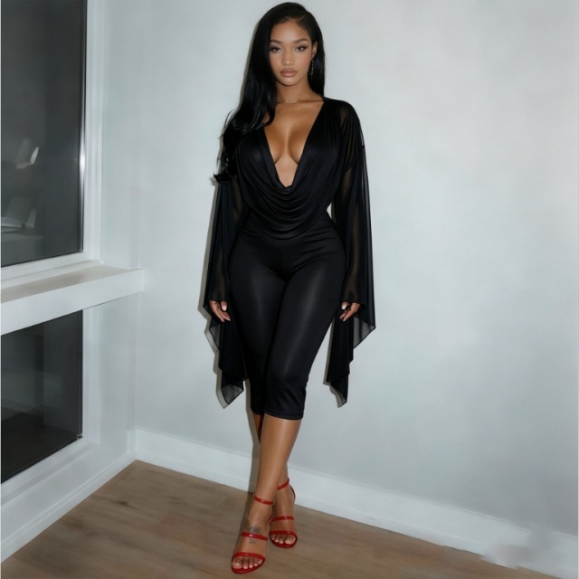 Sheer Mesh Deep-V Cowl-neck Asymmetrical Top Capris Set