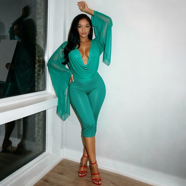 Sheer Mesh Deep-V Cowl-neck Asymmetrical Top Capris Set
