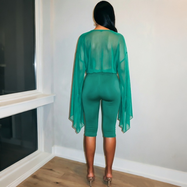 Sheer Mesh Deep-V Cowl-neck Asymmetrical Top Capris Set