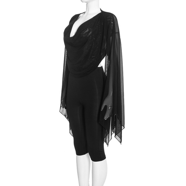 Sheer Mesh Deep-V Cowl-neck Asymmetrical Top Capris Set