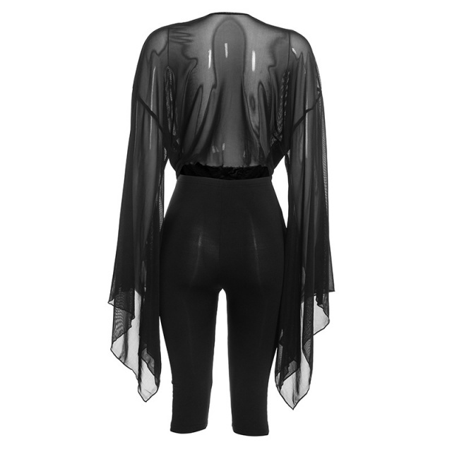 Sheer Mesh Deep-V Cowl-neck Asymmetrical Top Capris Set