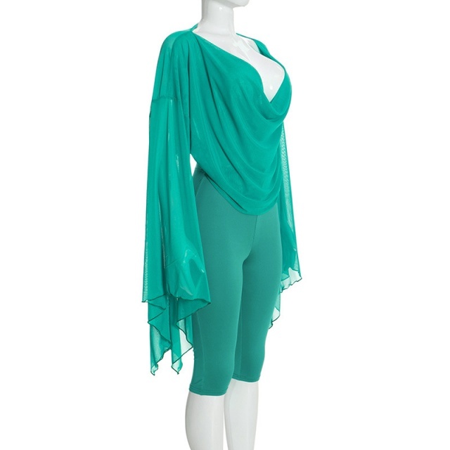 Sheer Mesh Deep-V Cowl-neck Asymmetrical Top Capris Set