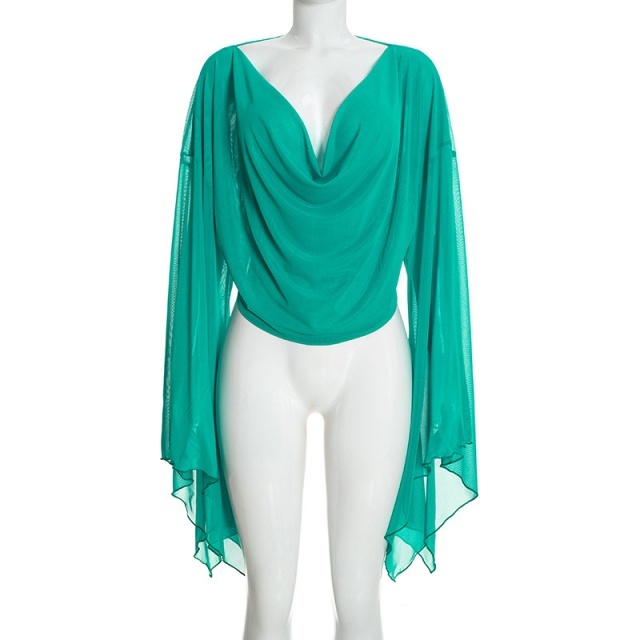 Sheer Mesh Deep-V Cowl-neck Asymmetrical Top Capris Set
