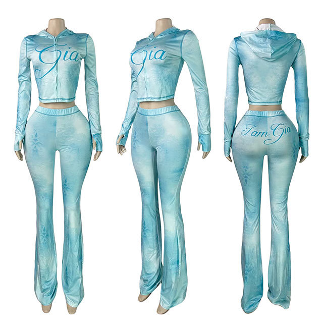 Snake-print Hooded Top Slim Fitted Pant Set