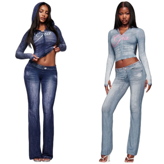 Denim-print Hooded Top Slim Fitted Pant Set