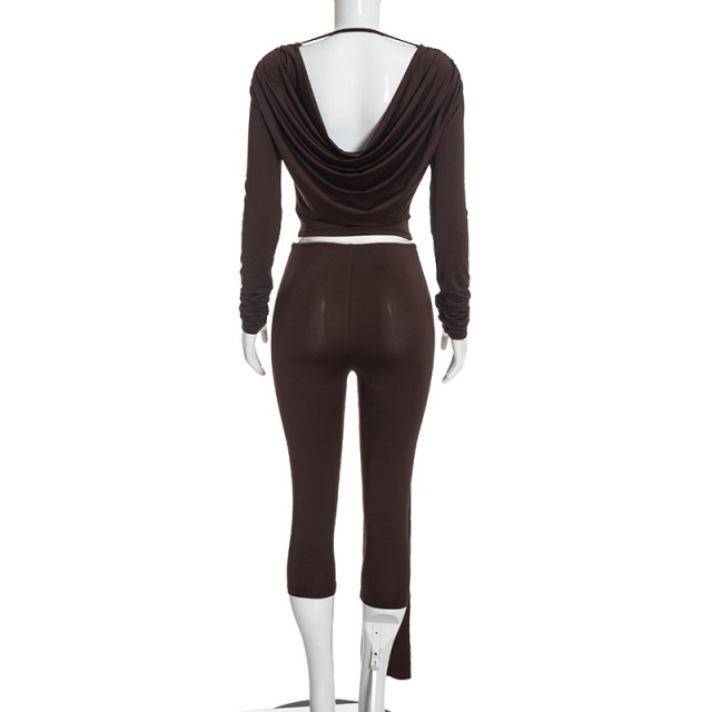 Draped Back Neckline Top Ribbon Detailing Capris Set