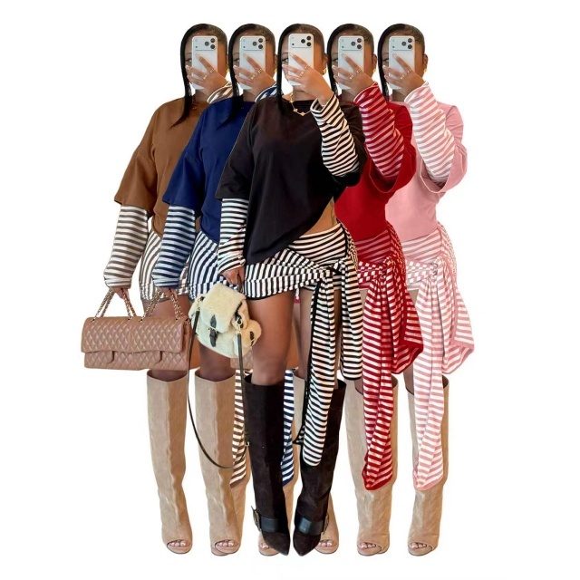 Faux-layered Long-sleeve Top Striped Shorts Set