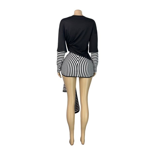 Faux-layered Long-sleeve Top Striped Shorts Set