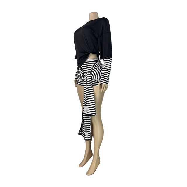 Faux-layered Long-sleeve Top Striped Shorts Set