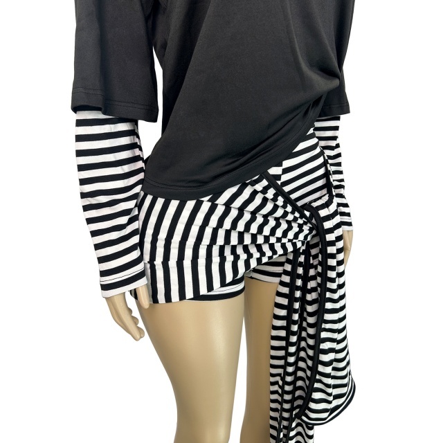 Faux-layered Long-sleeve Top Striped Shorts Set
