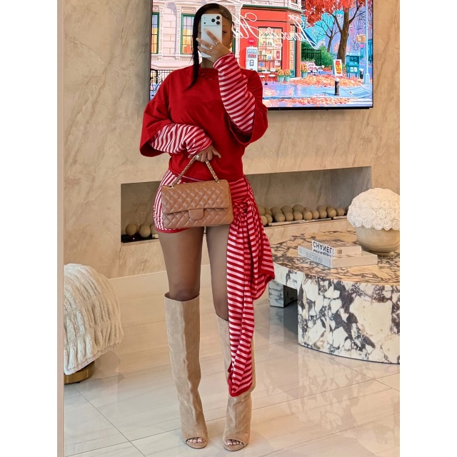 Faux-layered Long-sleeve Top Striped Shorts Set