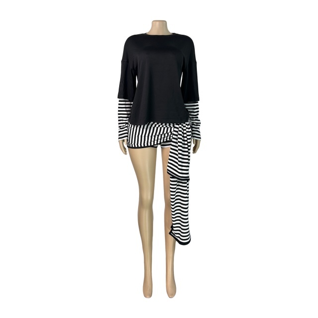 Faux-layered Long-sleeve Top Striped Shorts Set