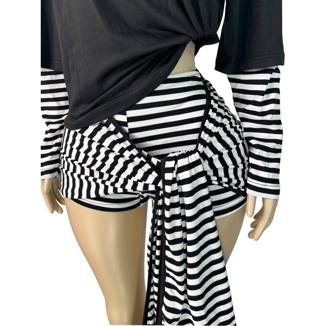 Faux-layered Long-sleeve Top Striped Shorts Set