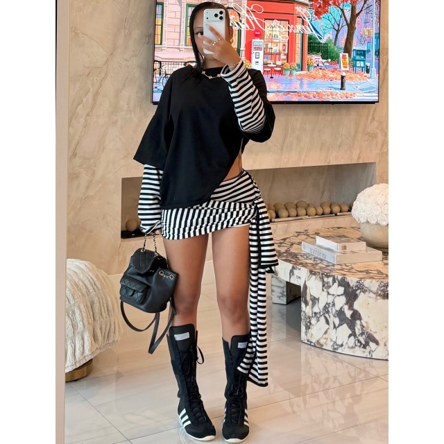 Faux-layered Long-sleeve Top Striped Shorts Set