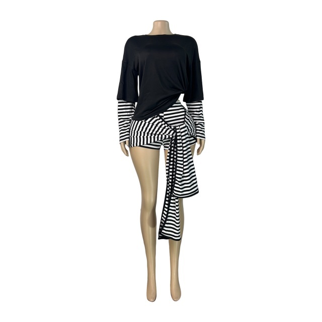 Faux-layered Long-sleeve Top Striped Shorts Set