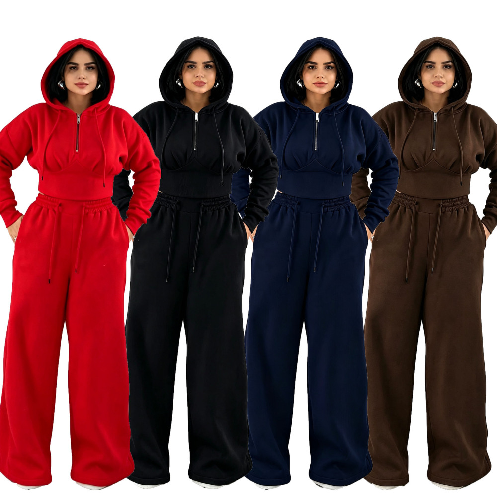 Lace-up Hooded Sweatshirt Wide Legs Pant Set