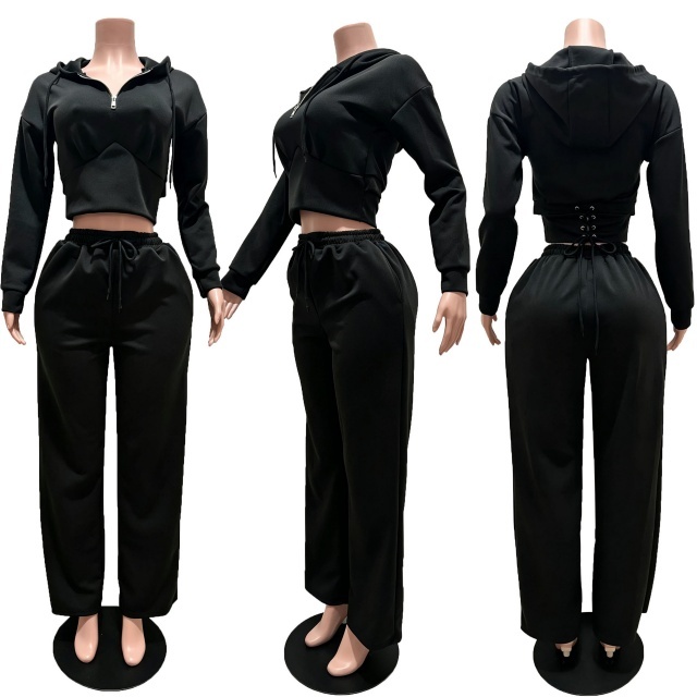 Lace-up Hooded Sweatshirt Wide Legs Pant Set