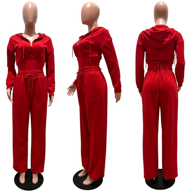 Lace-up Hooded Sweatshirt Wide Legs Pant Set