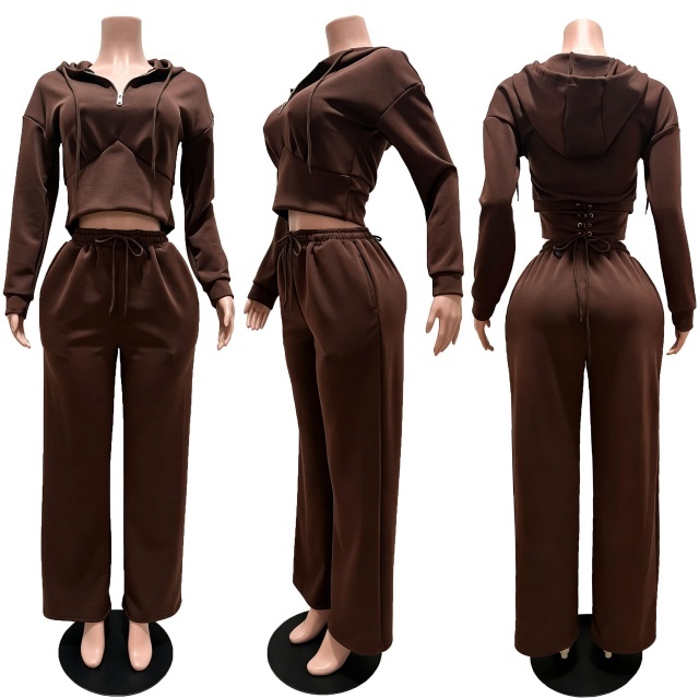 Lace-up Hooded Sweatshirt Wide Legs Pant Set