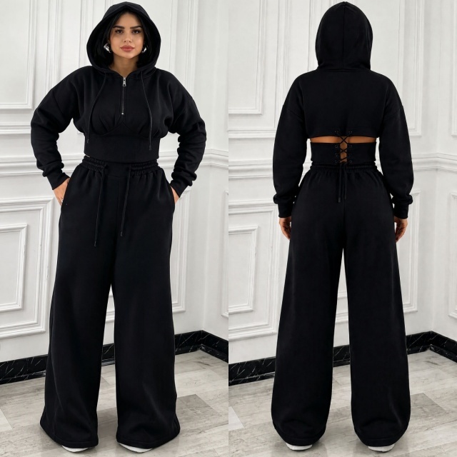 Lace-up Hooded Sweatshirt Wide Legs Pant Set