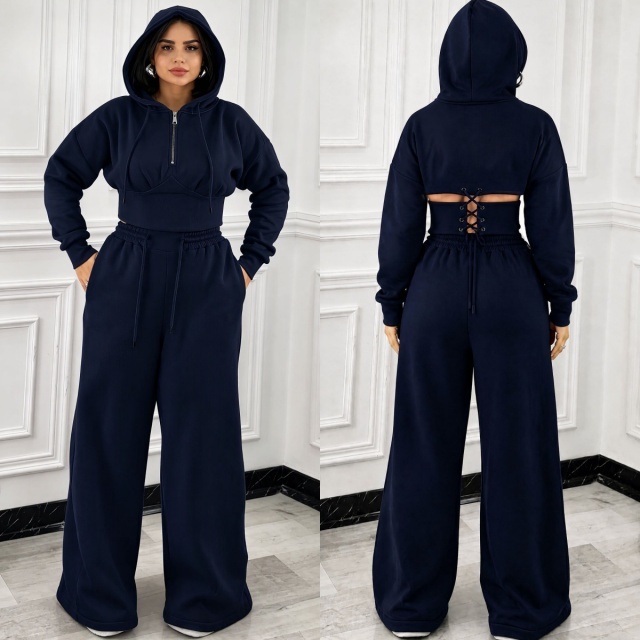 Lace-up Hooded Sweatshirt Wide Legs Pant Set