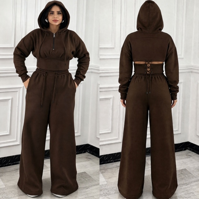 Lace-up Hooded Sweatshirt Wide Legs Pant Set