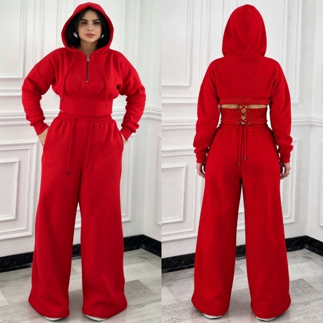Lace-up Hooded Sweatshirt Wide Legs Pant Set