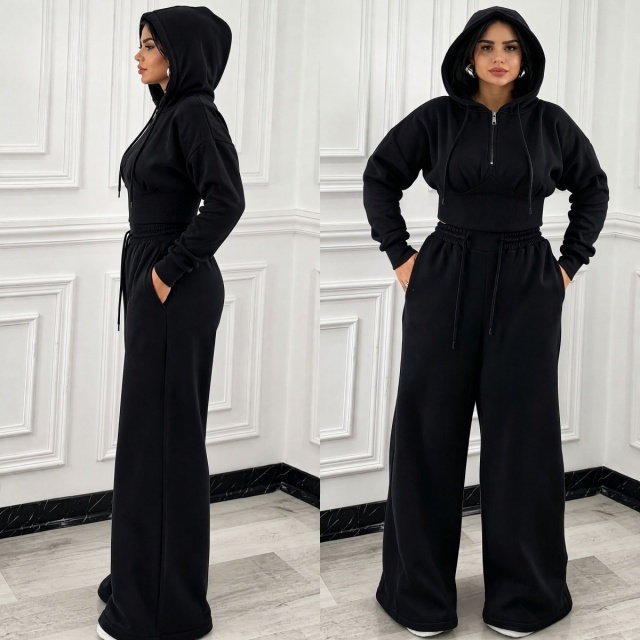 Lace-up Hooded Sweatshirt Wide Legs Pant Set