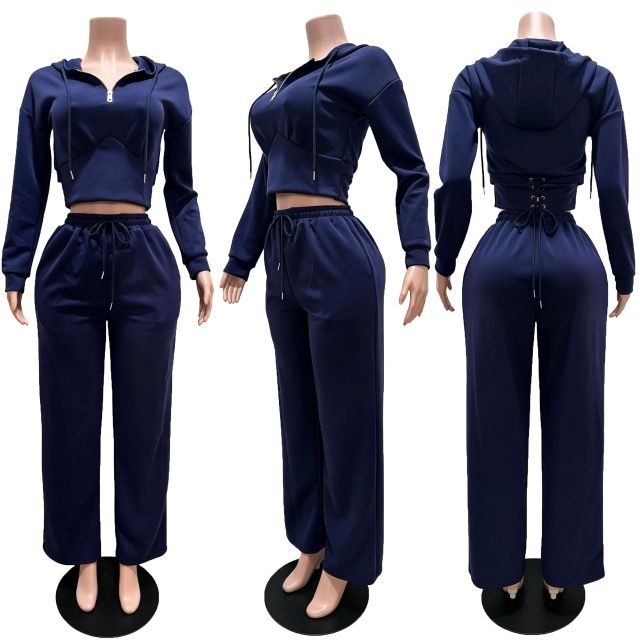 Lace-up Hooded Sweatshirt Wide Legs Pant Set