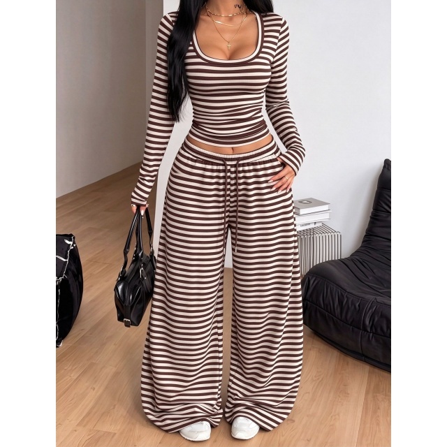 Striped Long Sleeve Top Wide Legs Pants Set