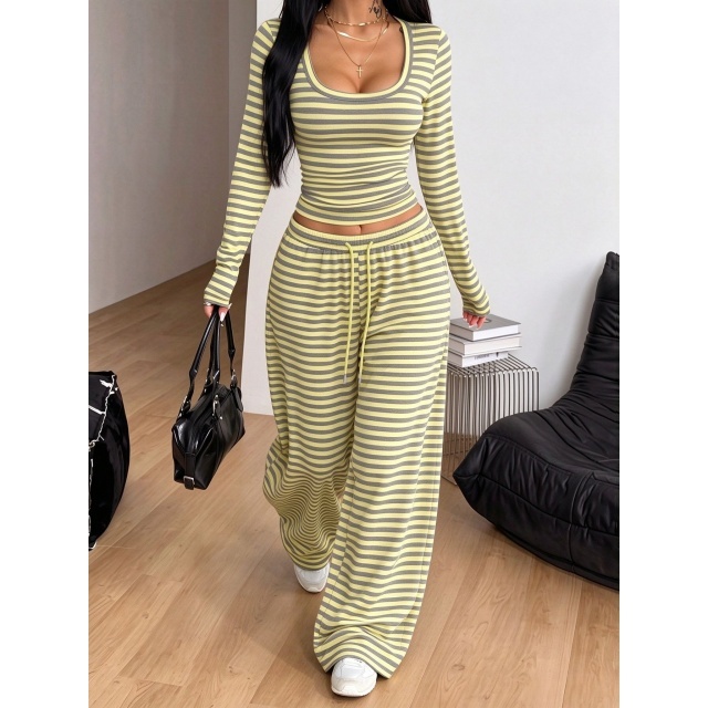 Striped Long Sleeve Top Wide Legs Pants Set
