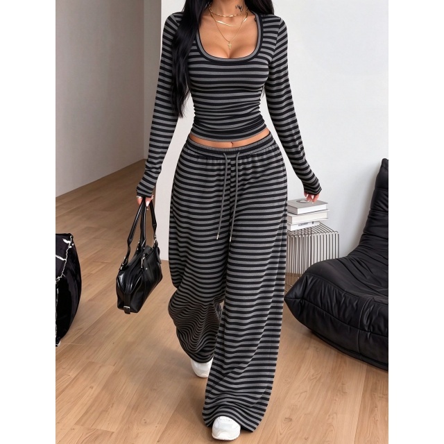 Striped Long Sleeve Top Wide Legs Pants Set