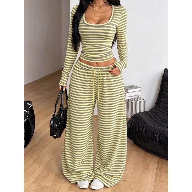 Striped Long Sleeve Top Wide Legs Pants Set