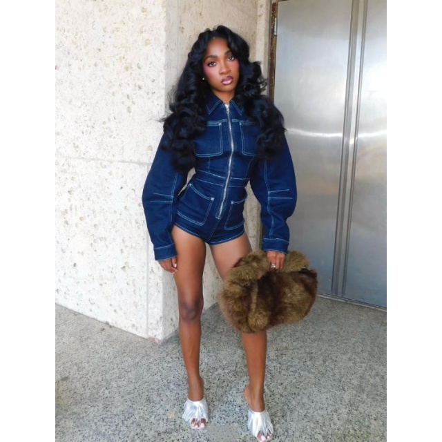 Zip-up Long Sleeve Slim Denim Romper