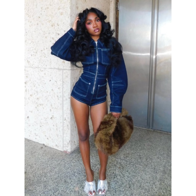 Zip-up Long Sleeve Slim Denim Romper