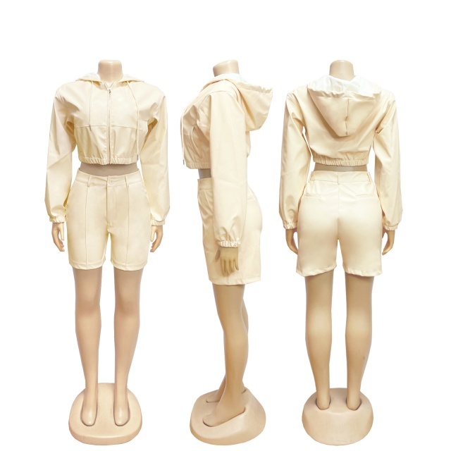 PU Leather Hooded Zipper Up Jacket Top Two Pieces Short Set