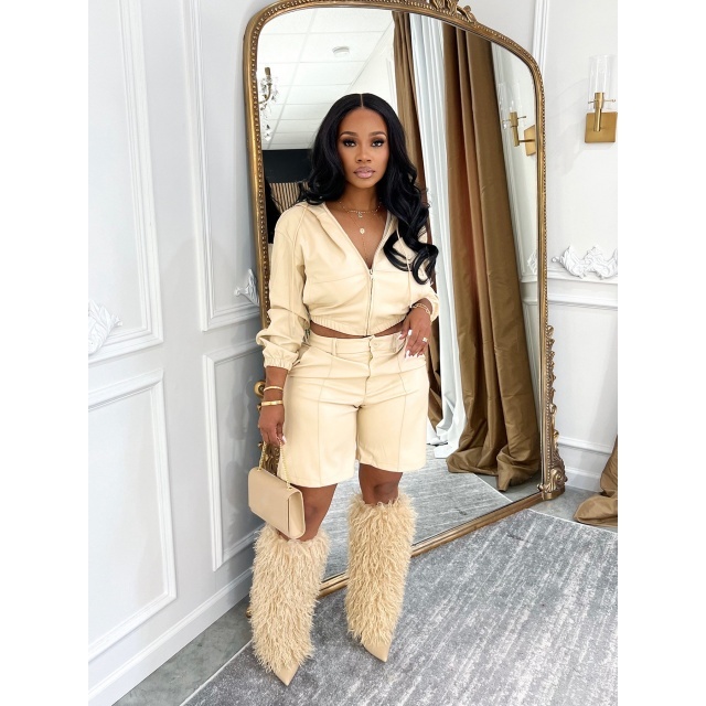 PU Leather Hooded Zipper Up Jacket Top Two Pieces Short Set