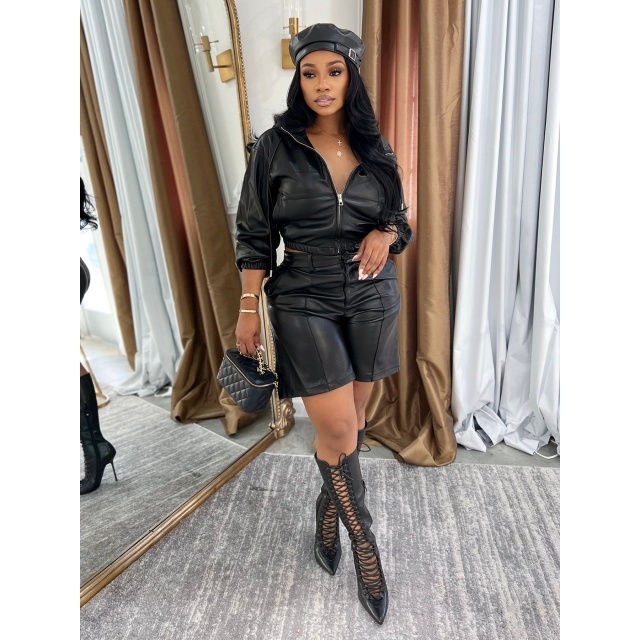 PU Leather Hooded Zipper Up Jacket Top Two Pieces Short Set