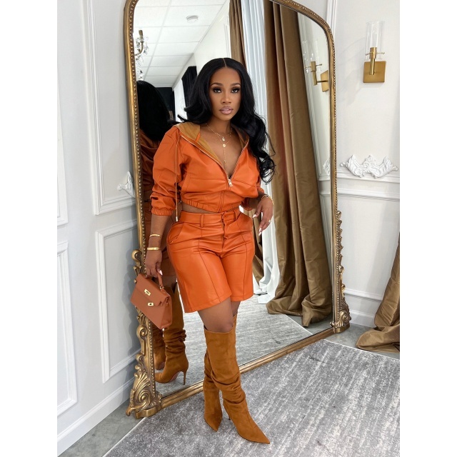 PU Leather Hooded Zipper Up Jacket Top Two Pieces Short Set