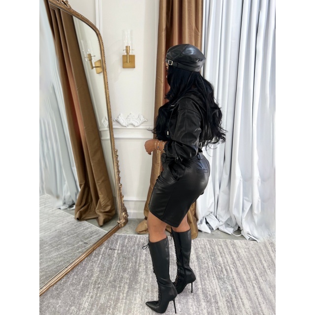 PU Leather Hooded Zipper Up Jacket Top Two Pieces Short Set
