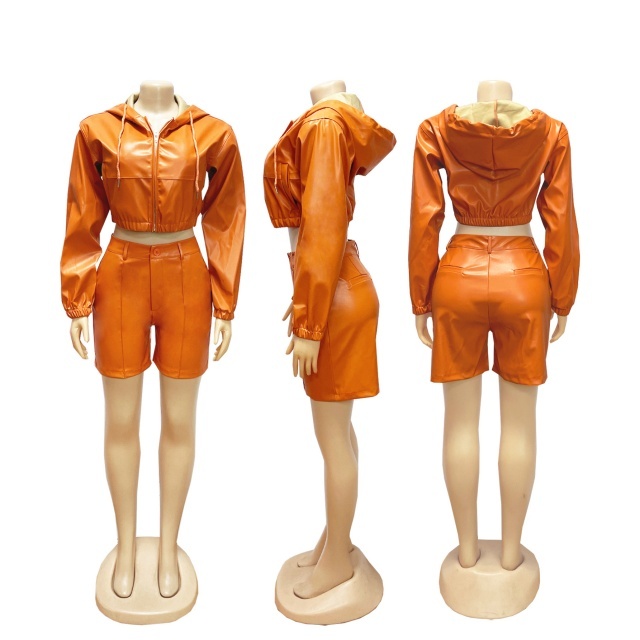 PU Leather Hooded Zipper Up Jacket Top Two Pieces Short Set