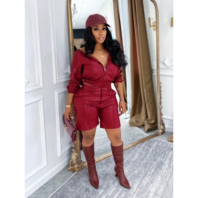 PU Leather Hooded Zipper Up Jacket Top Two Pieces Short Set