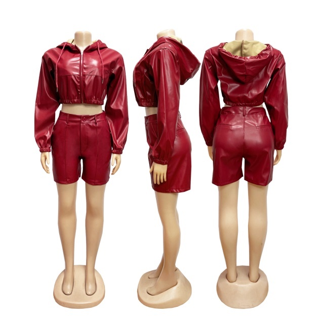 PU Leather Hooded Zipper Up Jacket Top Two Pieces Short Set