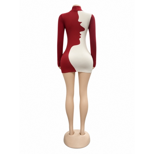 Colorblock High Neck Long Sleeve Bodycon Dress