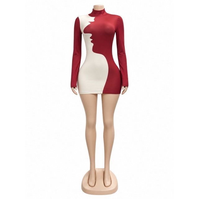 Colorblock High Neck Long Sleeve Bodycon Dress