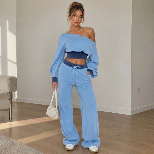 Contrast Color Cold-shoulder Cropped Top Wide Legs Pant Set