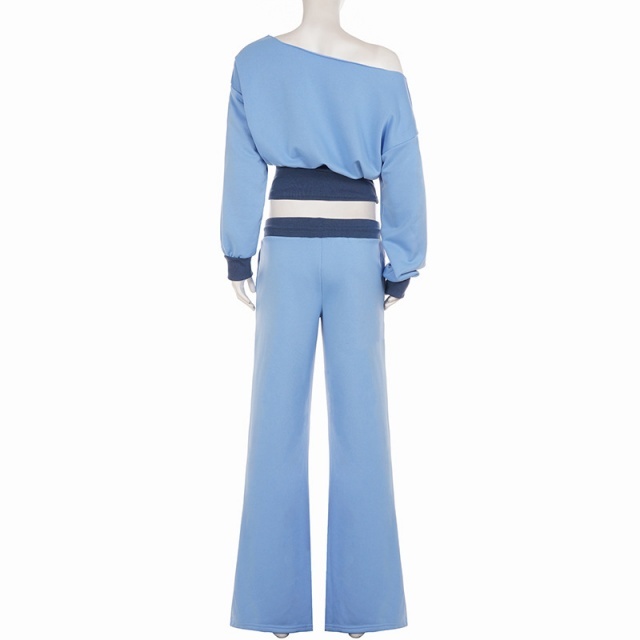Contrast Color Cold-shoulder Cropped Top Wide Legs Pant Set