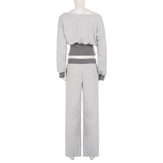 Contrast Color Cold-shoulder Cropped Top Wide Legs Pant Set