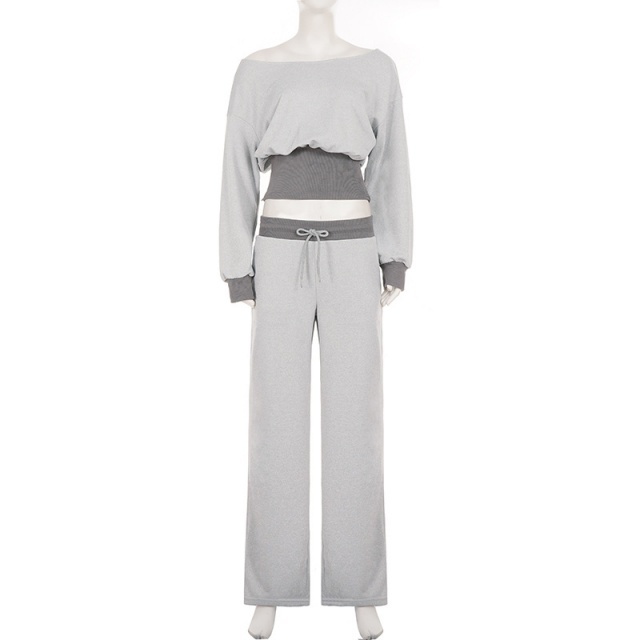 Contrast Color Cold-shoulder Cropped Top Wide Legs Pant Set